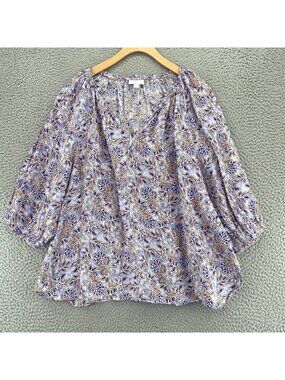 J Jill Top Womens Large Blue Floral Love Linen 3/4 Balloon Sleeve Ruffle V Neck